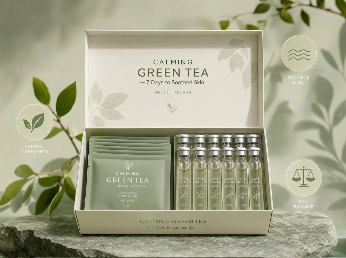 做CALMING GREEN TEA 面膜套装正面展示,开盒后可见柔软的鼠尾草绿 成品示范
